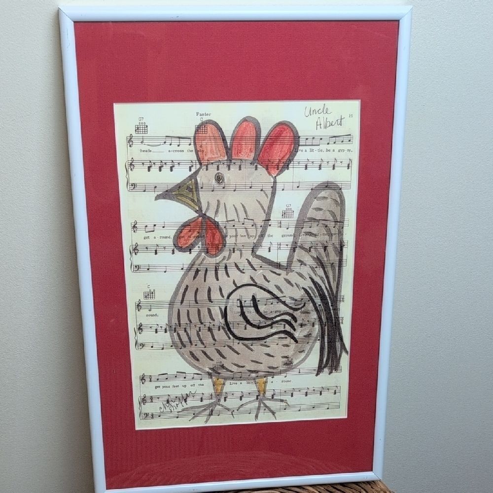 Framed Original Rooster Art on Uncle Albert Beatles Music Sheet Artist Signed